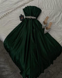 Chic Dark Green A-line Off-shoulder Sleeveless Satin Ball Gown Evening Dress HZ1024