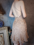 Vintage Champagne Spaghetti Strap V-neck Sparkling Beaded Design Elegant Chiffon Evening Dress Prom Dress HZ1024