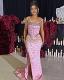 Vintage Pink Sparkling Beaded Mermaid Spaghetti Strap High Split Sexy Long Prom Dress Evening Dress HZ1024