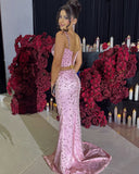 Vintage Pink Sparkling Beaded Mermaid Spaghetti Strap High Split Sexy Long Prom Dress Evening Dress HZ1024