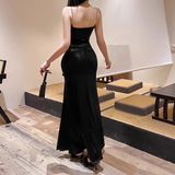 Gorgeous Black Spaghetti Strap Waist Chain Mermaid Long Prom Dress Evening Dress HZ1024