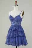 Gorgeous Navy Blue Sequined Corset Design A-line Spaghetti Strap Homecoming Dress HZ1024