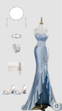 Vintage Sky Blue Applique Sequin Sheath Sweetheart Satin Evening Gown Spaghetti Strap Party Dress Slit Ruffled Long Formal Dress HZ1024