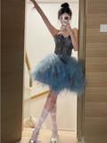 Fashion Blue Sequin Tulle Design A-line Sweetheart Strapless Homecoming Dress HZ1024