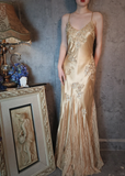 Retro Golden V-neck Sparkling Beaded Backless Design Elegant Satin Evening Dress Prom Dress HZ1024