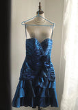 Retro Blue Beading Design A-line Satin Strapless Sweetheart Tiered Party Dresses Homecoming Dresses, HZ1024