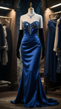 Elegant Royal Blue Beaded Sweetheart Evening Gown Mermaid Strapless Party Dress Long Formal Dress HZ1024