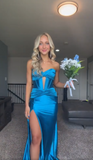 Charming Blue Satin Sweetheart Mermaid High Slit Long Prom Dress Party Dress Evening Dress HZ1024