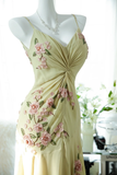 Vintage Light Green Spaghetti Strap Floral Design A-line Romantic Chiffon Evening Dress Prom Dress HZ1024