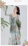 Vintage Fashion Floral Print Design Long-sleeved Cardigan A-line Long Spaghetti Strap Dress HZ1024