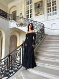Vintage Black Chiffon Off-the-shoulder A-Line Long Prom Dress Party Dress Evening Dress HZ1024