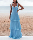 Vintage Blue Sweetheart Pleated A-Line Tiered Long Prom Dress Party Dress Evening Dress HZ1024