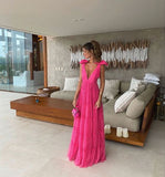 Vintage Hot Pink V-neck Prom Dress Long Pleated Evening Dress A-Line Backless Formal Dress HZ1024