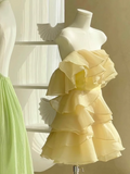 Fashion Yellow Strapless Ruffled Hem Design A-line Tiered Party Dresses Homecoming Dresses, HZ1024
