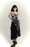Fashion Black & White Ink Artistic Sense Irregular Design Spaghetti Strap Dress HZ1024