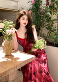 Stylish Red Rose Floral Design Elegant Casual Spaghetti Strap Dress HZ1024