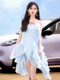 New Fashion Light Blue 3D Flower Spaghetti Strap Irregular Hem Design Summer Party Dress HZ1024