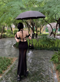 Fashion Sexy Black Lace Cutout Sleeved Backless Halter Dress HZ1024