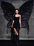Fashion Black Irregular Ruffled Lace Hem Dress A-line Sleeveless Spaghetti Strap Dress HZ1024