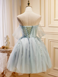 Vintage Light Blue Beaded Off-the-shoulder Design A-line Tulle Party Dress Homecoming Dress HZ1024