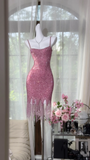 Vintage Pink Sparkling Sequin Spaghetti Strap Tassels Hem Romantic Evening Dress Prom Dresses HZ1024