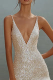 Gorgeous White Bodycon Sequin Design A-line V-neck Spaghetti Strap Homecoming Dress HZ1024