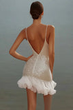 Gorgeous White Bodycon Sequin Design A-line V-neck Spaghetti Strap Homecoming Dress HZ1024