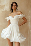 Charming White Chiffon Pleated Ruffled Hem Design A-line Off-the-shoulder Homecoming Dress HZ1024