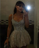 Vintage Silvery Shiny Beaded A-Line Short Party Dress Cocktail Dress Homecoming Dress HZ1024