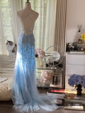 Retro Light Blue Applique Backless Design Romantic Chiffon Evening Dress Prom Dress HZ1024