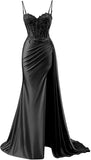 Vintage Sheath Applique Sweetheart Satin Evening Gown Spaghetti Strap Party Dress Slit Long Formal Dress HZ1024