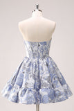 Retro Fashion Blue Corset Design Strapless Mini Party Dress Floral Homecoming Dress HZ1024