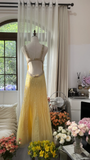 Retro Yellow Shiny Backless Design A-line Elegant Chiffon Evening Dress Prom Dress HZ1024