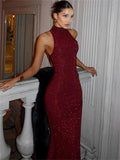 Burgundy Neck Strapless Sequined Skinny Mermaid Long Prom Dresses HZ1024