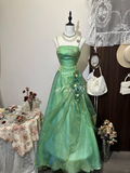 Vintage Green A-Line Beaded Spaghetti Strap Evening Dress A-Line 3D Flowers Long Prom Dress HZ1024