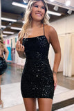 Cute Black Sequin Design A-line Spaghetti Strap Homecoming Dress HZ1024