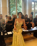 Vintage Light Yellow Lace Sequin Evening Gown Sheath Spaghetti Strap Party Dress Long Formal Dress HZ1024