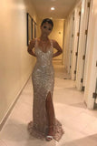Sexy V Neck Sequins Side Slit Prom Dresses Long Mermaid Formal Dress HZ1024