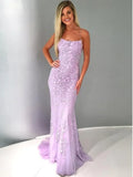 Unique Backless Mermaid Lavender Spaghetti Straps Lace Prom Dress with Appliques, Mermaid Purple Lace Formal Evening Dress HZ1024