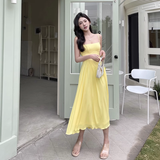 Women New Simple Fashion Yellow High-waist Spaghetti Strap Dress HZ1024