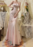 Vintage Pink Satin Embroidery Strapless Mermaid Long Prom Dress Evening Dress HZ1024