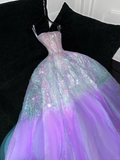 Gorgeous Purple Shiny Sequin Princess Dress Elegant A-Line Floor-length Evening Dress Prom Dresses HZ1024