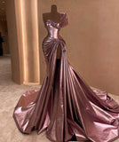 Vintage Pink Satin A-Line Evening Gown One-shoulder Slit Party Dress Floor Length Formal Dress HZ1024