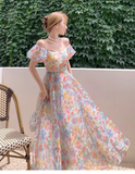 New Elegant Floral Design Puff Sleeves Princess Style Spaghetti Strap Dress HZ1024