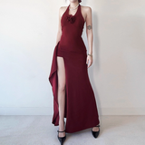 Retro Burgundy/Black Halter-neck 3D Flower Sheath High Slit Long Summer Dresses Prom Dress Evening Dress HZ1024