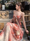 New Simple Fashion Floral Design A-Line Beach Holiday Strapless Dress HZ1024