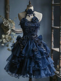 New Fashion Navy Blue 3D Flowers Design A-line Halter Homecoming Dress HZ1024