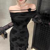 Elegant Black Party Slim-fit Split Dress One-shoulder Long-sleeved Dress HZ1024