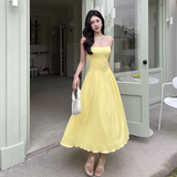 Women New Simple Fashion Yellow High-waist Spaghetti Strap Dress HZ1024