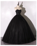 Vintage Black Applique A-Line Evening Gown Tulle Strapless Party Dress Long Formal Dress HZ1024